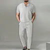 Traje de Color Sólido para Hombre de Estilo Europeo y Americano, Nueva Colección Primavera y Otoño 2025, Cuello Waffle, Manga Corta, Cremallera, Conjunto de Pantalones Largos
