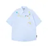 Camisa Xadrez Curta Bordada com Gato Floral Estilo Coreano para Homens e Mulheres, 2026 Top Camisa Chique de Caimento Solto Estilo College