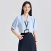 Estilo de Viaje al Trabajo Solapa Grande Camisa Profesional Top de Moda Verano Nuevo Camisa de Gasa Azul Camisa de Manga Corta para Mujer