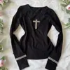Verão Novo Estilo Americano Cruz Strass Manga Longa Slim Fit Y2K Feminina Gola Redonda Pulôver Camiseta Atacado