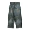 Jeans Reta Lavado Vintage Desgastado Estilo Japonês Rumeng para Homens e Mulheres, Calças Harem Largas Tendência Outono Loose High-Street