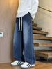 2025 Nuevos Jeans de Estilo Americano con Cintura Elástica para Hombre, Marca Trendy Pierna Ancha Primavera y Otoño Casual Sueltos Rectos Pantalones Largos