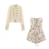 Roupas femininas europeias e americanas transfronteiriças, jaqueta com fivela de nó de renda e conjunto de vestido estampado, best-seller da AliExpress
