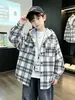Camisa de cuadros con capucha para niños, chaqueta holgada estilo coreano para primavera y otoño, top de manga larga moderno y genial para niños mayores, ropa de otoño