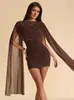 Vestido Mini Cruzado para Mujer de Otoño Elegante Color Sólido Malla con Caída Sexy Espalda Descubierta Cinta Ajustado