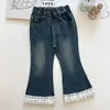 Pantalones Acampanados de Mezclilla para Niña Otoño Cintura Elástica Lavado Retro Pantalones Largos Dobladillo con Volantes de Perla Jeans Micro Acampanados