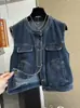 Chaleco Vaquero Redondo Retro Estilo Hong Kong para Mujer, Nuevo Modelo Otoño 2025, Talla Petite, Chaleco Chaqueta Sin Mangas Súper Popular para Superponer