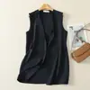 Foto real de chaleco de algodón y lino de longitud media para mujer, nueva chaqueta cárdigan sin mangas versátil 2026 para primavera y otoño