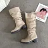 Botas Melard de ante estilo retro con tacón de bloque para mujer, botas largas de moda retro de verano, botas de montar adelgazantes de suela gruesa