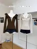 Camiseta de Manga Larga con Cordones, Huecos y Retazos, Cuello de Piel para Mujer, Otoño e Invierno, Sexy, Ajustada, Top Básico
