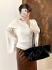 Top de punto francés de talla grande para mujer, tipo dos piezas con chal, Otoño 2026, Talla Grande MM, Elegante, de un solo hombro