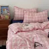 Conjunto de quatro peças em algodão bufante xadrez lavado, conjunto de três peças em algodão bufante estilo ins para dormir sem roupa, capa de edredom simples e dupla 100% algodão 3