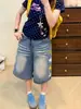 Shorts de mezclilla vintage estilo A para mujer talla grande, pantalones de verano holgados de cintura alta adelgazantes de pierna ancha recta de longitud media para mujeres talla grande