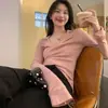 Suéter de punto con cuello polo para mujer para otoño e invierno, engrosado, cuello en V de deseo puro, manga larga, que revela la clavícula, top ajustado