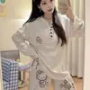 Pijama acanalado de seda helada nuevo 2026 con sujetador incorporado, para mujer, manga corta, pantalón largo, nuevo diseño de gato de dibujos animados, ropa casual para estar en casa
