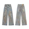 Jiamu Entra en Escena para Probar Jeans Holgados Retro Americano Lavado Agujero Graffiti Recto Unisex Jeans para Hombre