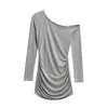 Vestido Bodycon de Punto Elástico Plegado Sexy Chica Atractiva Deseo Puro para Mujer 2026 Ajuste Delgado de Manga Larga