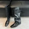 Primeiro Encontro Temporada Preto Salto Oculto Bico Fino Botas Longas até o Joelho Femininas 2026 Outono/Inverno Novo Estilo Botas Amontoadas para Perna de Calça Cavaleiro