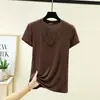 Nueva camiseta de modal de verano para mujer con cuello en V y manga corta, simple y versátil, camiseta básica adelgazante, top holgado casual de talla grande
