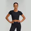 Camiseta de Yoga de Manga Curta de Verão com Bojos Removíveis, Gola Redonda, Ajustada ao Corpo, Modeladora, de Secagem Rápida, Top para Corrida e Fitness