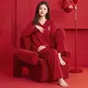 Novos Pijamas de Primavera/Outono para Mulheres, Algodão Puro Confortável, Manga Longa, Calça Longa, Corte Amplo, Gola Lapela, Vermelho, Ano do Rato, Cardigã, Roupa de Casa