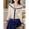 Cardigan de Tricô com Manga Longa, Gola Azul Marinho, Combinação de Cores Branco e Azul, Estilo Preguiçoso da Moda, Camisa Versátil e Bonita que Rejuvenesce, para Mulheres, Outono e Inverno