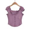 Camiseta de Manga Corta Ajustada para Mujer, Estilo Spice Girl Europeo y Americano, Diseño de Hebilla de Oreja de Madera, Top Corto de Cintura Alta Nuevo de Verano