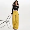 Primavera de 2026 Novos Calças Casuais de Perna Reta para Mulheres Calças de Perna Larga Jeans Amarelos Casuais Estilo Hot Girl para Mulheres