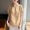 Cross26 Verano Nuevo Camiseta de Organza para Mujer Cuello Alto Manga Corta China Moda Versátil Casual Temperamento Top de Aguja