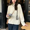 Suéter tejido minimalista estilo coreano con cuello polo, calado, de un solo botón ~ Color liso, top suave y versátil para mujer