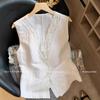 Ropa de Mujer Shenzhen Nanyou Guangzhou Trece Líneas Mercancía Europea Estilo Old Money Encaje Empalmado Cuello en V Chaleco de Lino Top sin Mangas