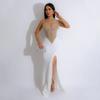 CY901013 Vestido Europeu e Americano de Gola Redonda Manga Longa Fenda Alta com Strass Quente Transparente Feminino Cor Sólida Festa Vestido de Noite