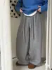 Calça Casual Luxi Estilo Coreano com Cintura Elástica e Cordão para Mulheres, Calça de Inverno com Forro de Lã, Pierna Larga, Caimento Solto, Calça de Moletom Curvada 1774
