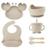 Juego de Alimentación para Bebé de Silicona de Grado Alimenticio de 9 Piezas, Plato con Ventosa de Cangrejo, Vaso Entrenador de Oso, Babero Impermeable, Kit Completo de Vajilla para Niños Pequeños Libre de BPA para Comer Solo
