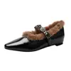 Zapatos peludos de punta para mujer, para uso exterior en otoño e invierno, nuevos mocasines Mary Jane con estampado de leopardo 2025, zapatos de algodón con forro de felpa