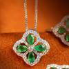 Conjunto de pendientes y anillo con colgante de esmeralda de imitación de hierba de cuatro hojas de la suerte, collar, elegante joya de turmalina verde color tesoro.