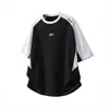 Camiseta de Manga Corta Texturizada Bordada con Bloques de Color de Marca de Moda Estilo Verano Algodón Puro Top Deportivo Camiseta Casual Americana Q