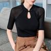 Nueva Camiseta de Malla de Estilo Nacional Chinoiserie de Manga Tres Cuartos para Mujer Verano 2025 Nuevo Estilo Camisa Abotonada Negra Look Adelgazante Top de Cuello Alto