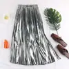 Saia 2019 Outono e Inverno Nova Slim Estilo Coreano Cintura Alta Versátil Metal Refletivo Comprimento Médio Linha A Plissada para Mulheres