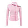 Atacado de Roupas Femininas Transfronteiriças Estilo Europeu e Americano 2025 Outono Novo Estilo Ombro Inclinado Ombro a Ombro Manga Longa Cor Lisa Versátil Tops e Camisetas Básicas