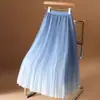 Saia de Renda Gradiente de Alta Qualidade para Mulheres, Novo Estilo Primavera e Verão, Saia Plissada de Comprimento Médio, Saia Longa Evasê de Cintura Alta