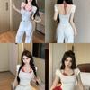 Camiseta de Manga Corta Estampado de Lunares con Cuello Halter Falsa de Dos Piezas, Top Base Ajustado Americano para Mujer