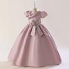 Novo Vestido Infantil Transfronteiriço Meninas Manga Bolha de Cetim Contas Laço Longo Vestido Princesa Performance de Aniversário