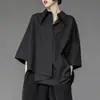 Camisa Negra de Manga Corta Holgada de Diseño Nuevo para Verano, Top Irregular de Manga Tres Cuartos para Mujer
