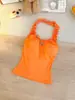 6312 # Top halter estilo playero para mujer, con ribete de volantes, silueta ajustada, detalle de amarre, sujetador incorporado y un hermoso diseño en la espalda, perfecto como prenda para superponer
