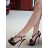 Sandalias de Plataforma de Tacón Alto Impermeables Cl para Mujer Estilo Nuevo 2025 Lazo de Pedrería Encaje de Dama Sexy Suela Roja Zapatos de Tacón Alto