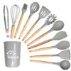 Espátula de Silicona con Mango de Madera, Cuchara para Sopa, Colador, Juego de 12 Piezas, Sartén Antiadherente, Espátula de Silicona, Juego de Utensilios de Cocina de Silicona Resistentes a Altas Temperaturas