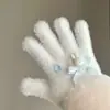 Luvas de Pelúcia Quentes Tricotadas de Cinco Dedos com Gatinho de Strass para Mulheres no Inverno, Versáteis à Prova de Frio e Vento para Ciclismo, Aconchegantes
