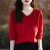 Suéter de punto para mujer con cuello en V y cinco mangas, color liso, manga corta, suéter de punto holgado, capa base, camiseta 25 Otoño Nueva Llegada Primera Línea Listo para usar T