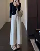 Usa piernas largas~ pantalones casuales de chándal de pierna ancha recta de cintura alta con dobladillo deshilachado de moda para mujer nuevo estilo H090810